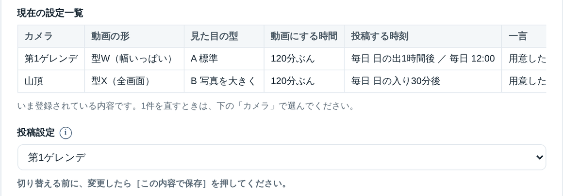現在の設定一覧と投稿設定の選択欄
