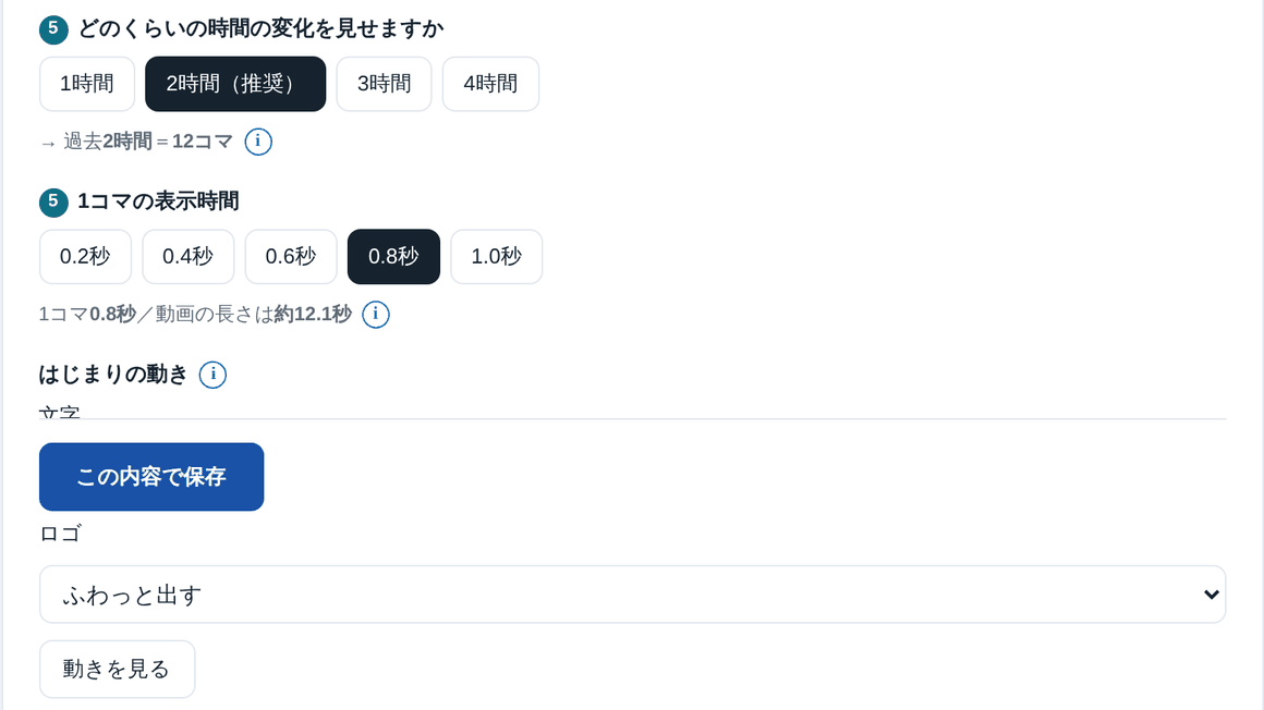 どのくらいの時間の変化を見せるか・1コマの表示時間・はじまりの動き